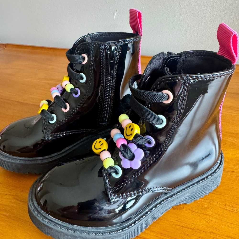 Tucker + Tate Kids Black Patent Combat Boots with Colorful Bead Details